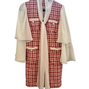 Romanchi Red and White Tweed Dress with Sheer Sleeves
